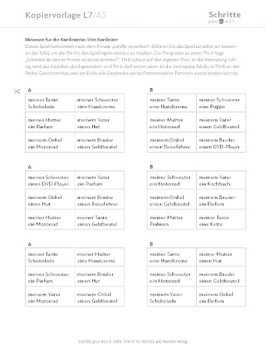 Kopiervorlage, Lektion 7, A3