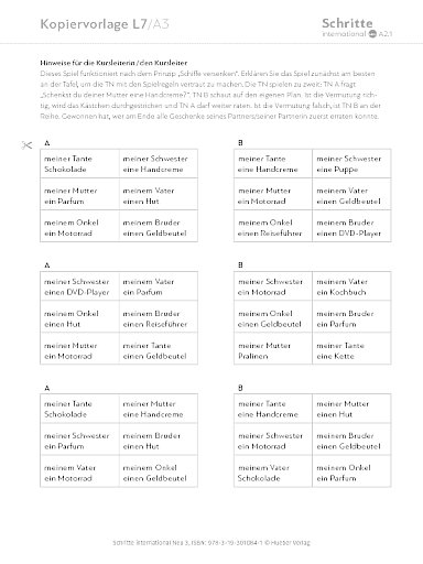 Kopiervorlage, Lektion 7, A3