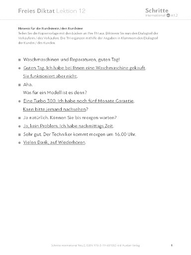 Lektion 12, Freies Diktat