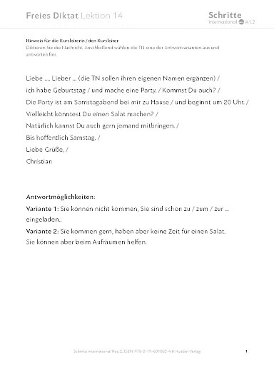 Lektion 14, Freies Diktat