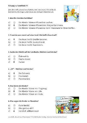 Besuch aus Planetanien – Lösungen zu Leseblatt 12