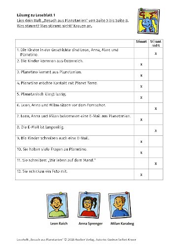 Besuch aus Planetanien – Lösungen zu Leseblatt 01