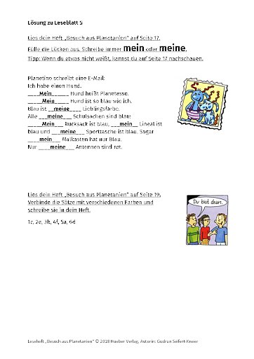 Besuch aus Planetanien – Lösungen zu Leseblatt 05