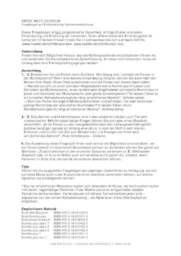 Fragebogen zur Ersteinstufung: Lehrerhandreichung