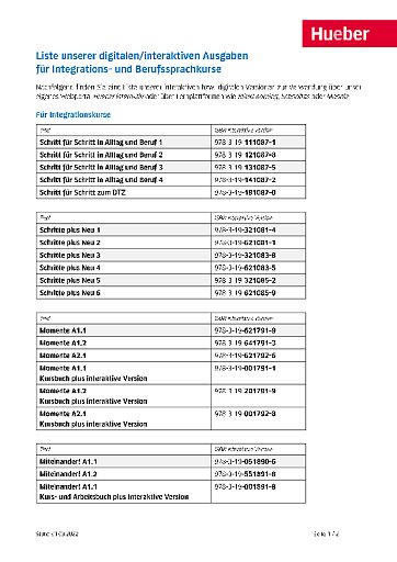 Liste aller interaktiven digitalen Hueber Lehrwerke für Integrations- und Berufssprachkurse