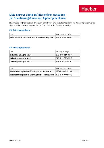 Liste aller digitalen Ausgaben für Orientierungskurse und Alpha-Sprachkurse