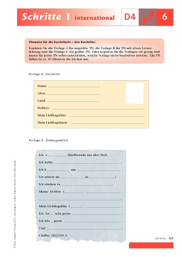 Kopiervorlage zu Lektion 6, D4