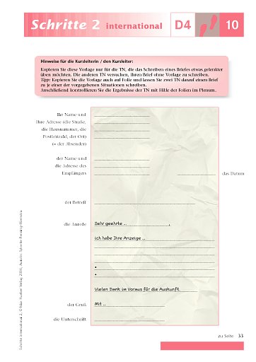 Kopiervorlage zu Lektion 10, D4
