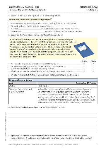 Fokus Alltag: In der Schule: Das Mitteilungsheft