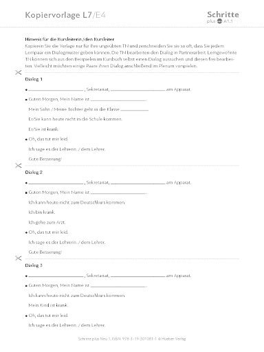 Kopiervorlage, Lektion 7, E4