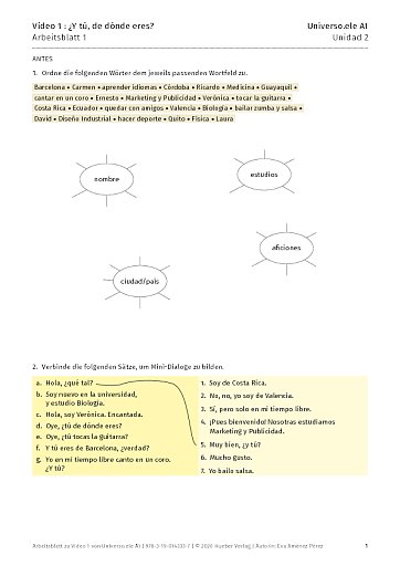 Arbeitsblatt zu Video 1: ¿Y tú, de dónde eres?