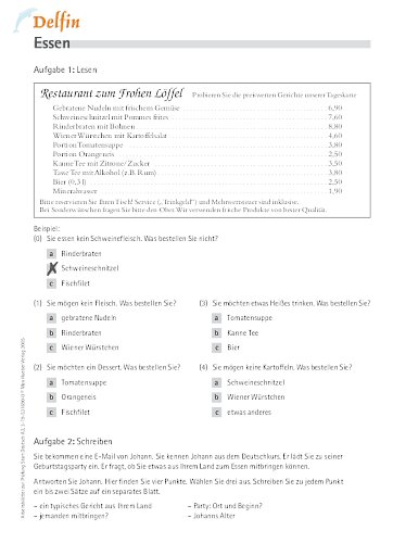 nach Aufgabe 14: Arbeitsblatt "Essen"