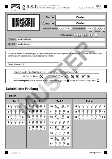 Muster-Antwortbogen DTZ von g.a.s.t: Hören und Lesen
