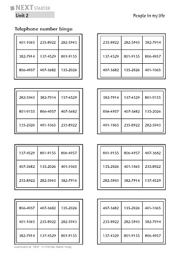Telephone number bingo