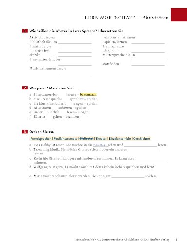 Wortschatztraining: Aktivitäten