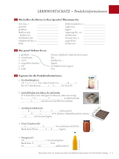 Wortschatztraining: Produktinformationen