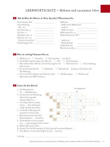 Wortschatztraining: Wohnen und zusammen leben