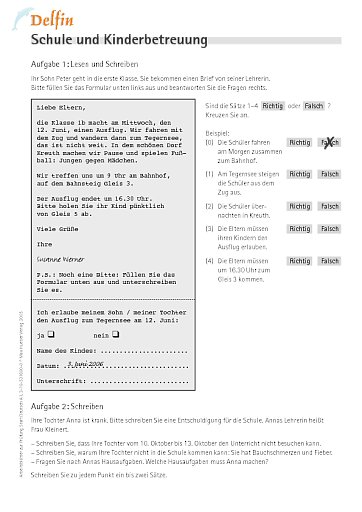 nach Aufgabe 11: Arbeitsblatt "Schule und Kinderbetreuung"