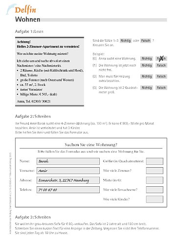 nach Aufgabe 8: Arbeitsblatt "Wohnen"