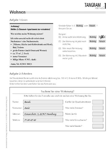 nach Aufgabe F4: Arbeitsblatt "Wohnen"